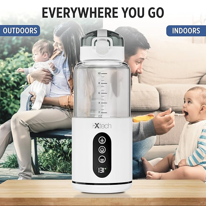 IXTECH Portable Water Warmer for Baby Formula, Milk Warmer for Travel, 10 oz., Electric Warming with Adjustable Temperature Control, Leak-Resistant Spout, Rechargeable and Wireless