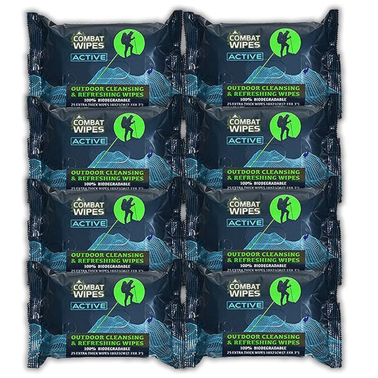 Combat Wipes ACTIVE Outdoor Wet Wipes - Extra Thick Camping Gear, Biodegradable, Body & Hand Cleansing/Refreshing Cloths for Backpacking & Gym w/Natural Aloe & Vitamin E (8 pack, 200 Wipes)…