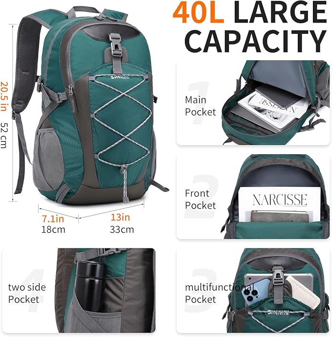 40L Hiking Backpack Lightweight Daypack Waterproof Travel Camping Backpack for Men Women Sport Packable