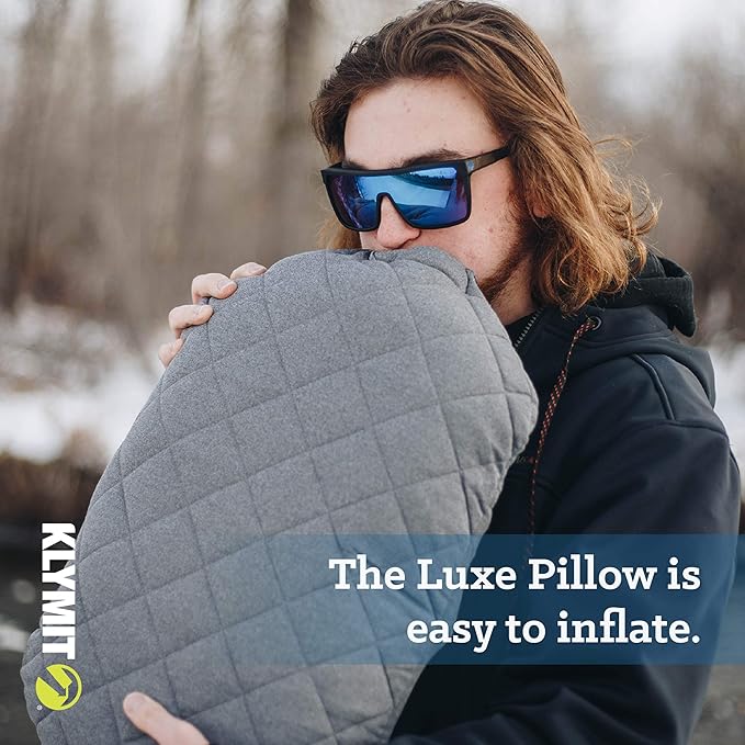 Klymit Luxe Travel Pillow, Lightweight Inflatable Hybrid Airplane, Backpacking, Hammock, and Camping Pillow, Grey