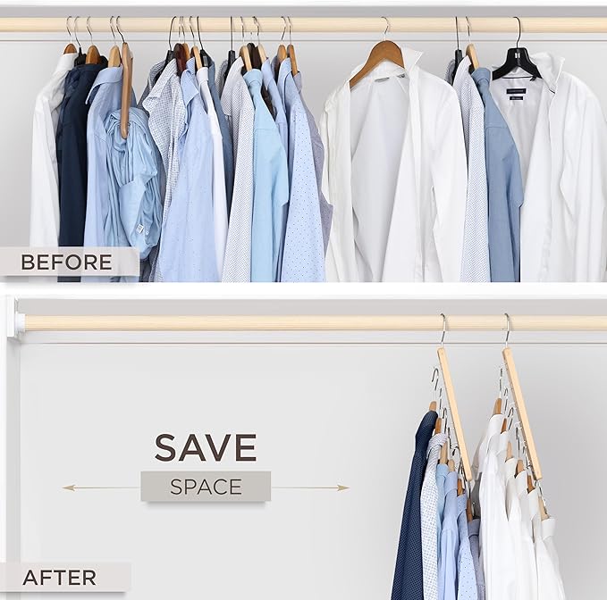 MORALVE Space Saving Hangers for Closet – 4 Pack European Beechwood 6-Tier Shirt Organizer with 360° Swivel Hook – Collapsible Clothes Hanger for Closet Organization (Hangers Not Included)