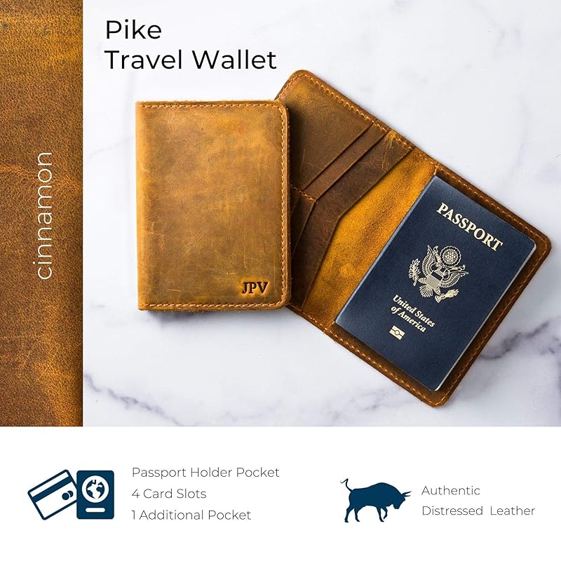 PEGAI Personalized Leather, Passport Holder For Travel | Handmade Passport Wallet Cover Case | Travel Document Holder, Passport Cover for Men, Women, and Family | Pike (Cinnamon Brown)