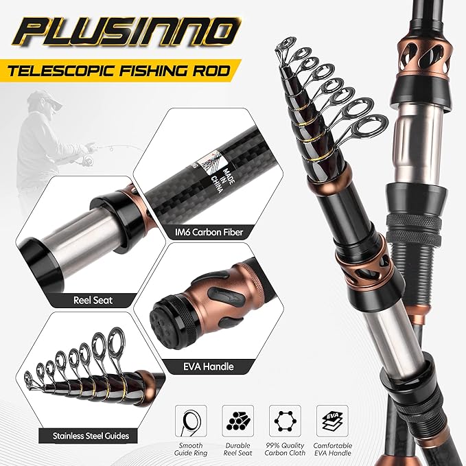 PLUSINNO Fishing Rod and Reel Combos - Carbon Fiber Telescopic Fishing Pole - Spinning Reel 12 +1 Shielded Bearings Stainless Steel BB