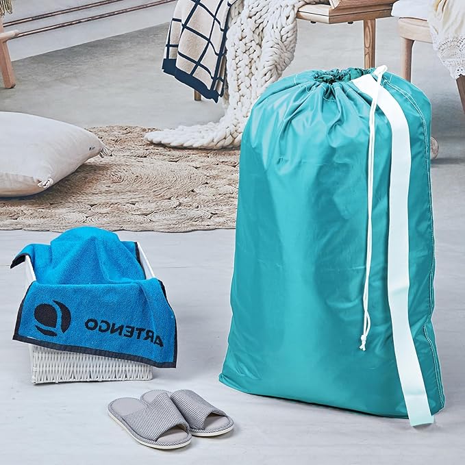 HOMEST 2 Pack XL Nylon Laundry Bag with Strap, Large Dirty Garments Organizer, Easy Fit a Hamper or Clothing Basket, Can Carry Up to 4 Loads of Clothes, Grey and Sky Blue