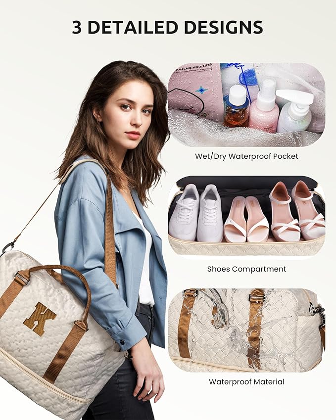 Personalized Gifts-Initial Duffle Bag with Shoe Compartment, Personalized Weekender Bag, Monogram Overnight Bag, Letter Travel Bag with Makeup Bag，Birthday Gift for Women Girl (Letter L)