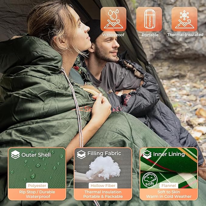 KingCamp Sleeping Bag for Adults, Cold Weather & Warm Extra Wide Big & Tall XL Portable Waterproof Flannel Sleeping Bags, Essentials Gear Accessories for Camping Backpacking Hiking Indoor & Outdoor
