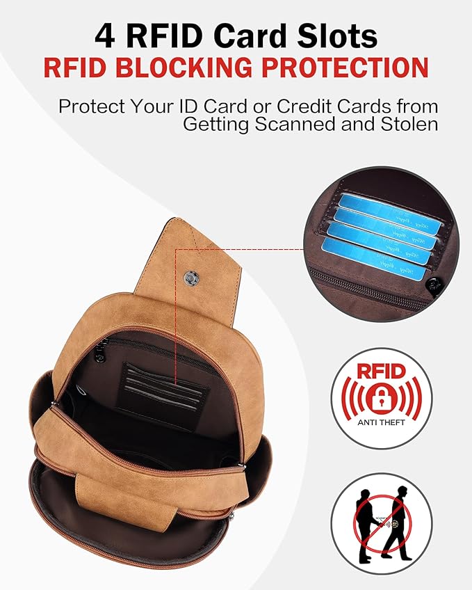 FADEON Large Sling Bag for Women, Leather Crossbody Purse Designer Anti Theft Sling Backpack, RFID Fanny Packs for Travel