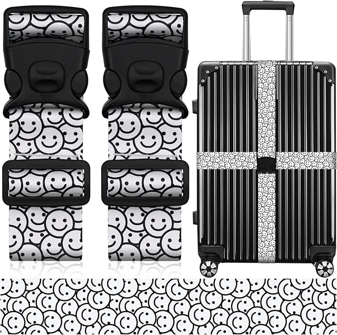 2 Pack Luggage Straps for Suitcases, Adjustable Travel Belt with Double Lock and Quick Release Buckle, Heavy Duty Nylon Bag Packing Strap, Bright Identifiers Business Travel Accessories-White Smiles