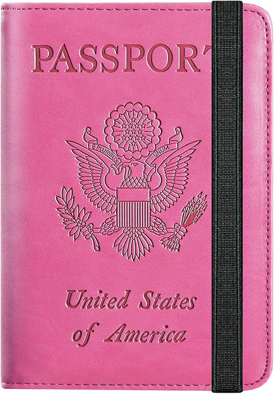 Passport Holder Cover Wallet Travel Essentials RFID Blocking Leather Card Case International Must Haves Travel Accessories for Women Men(101#Pink)