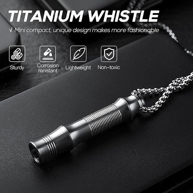 TISUR Titanium Emergency Whistle,EDC Safety Whistles Necklace Loud up to 120db,Survival Whistles for Survival,Hiking,Camping,Pets Training