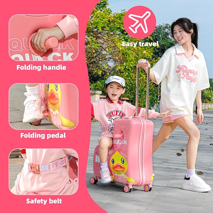 Kids' Lightweight Ride on Luggage with Spinner Wheels & Foldabe Design (Pink Duck, 24"+ Aged 3-12 Toddler)