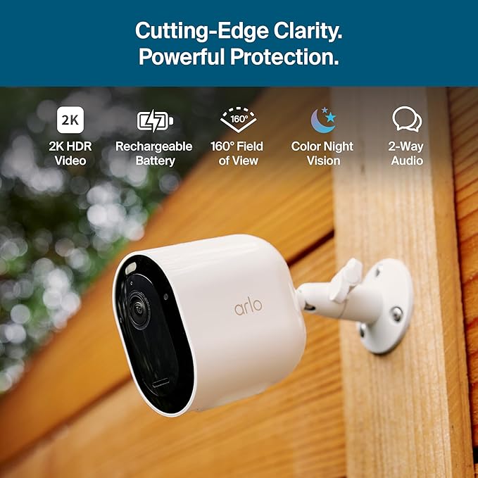 Arlo Pro Security Camera (6th Gen - 2025 Release) - 2K HDR, Battery Power, Event Captions, Emergency Response, 1-Month Trial of Secure Plan, 160° Field of View, Dual-Band WiFi, Spotlight, 1 Cam, White