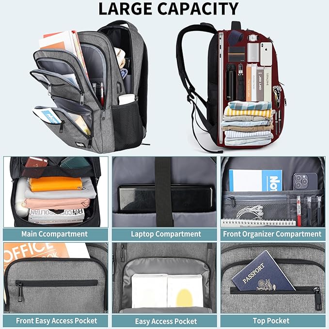 Travel Laptop Backpack, Business Carry on Backpack Flight Approved Backpack, Large Travel Work Backpacks for Men Women with USB Charger Port, Rucksack Bag, Mochila de viaje, Grey