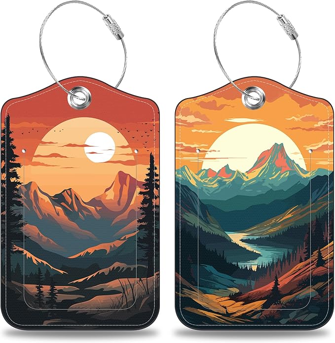 2 Pack Luggage Tags for Suitcases Sunset in The Mountains Leather Luggage Tags Privacy Cover ID Label with Stainless Steel Loop and Address Card for Women Men Travel Bag Backpack