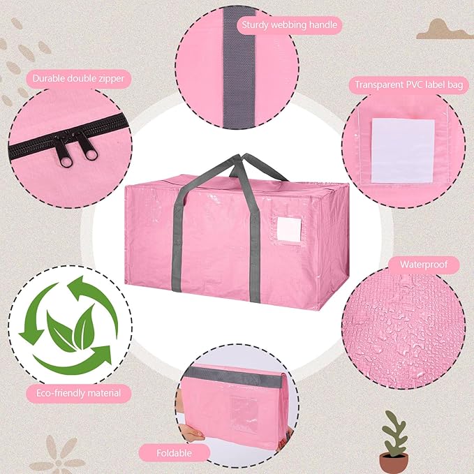 8 Pack Extra Large Moving Bags Heavy Duty Packing Bags with Extra Long Handles and Zippers Storage Totes for College Students Room Dorm Essentials Packing Supplies(Pink)