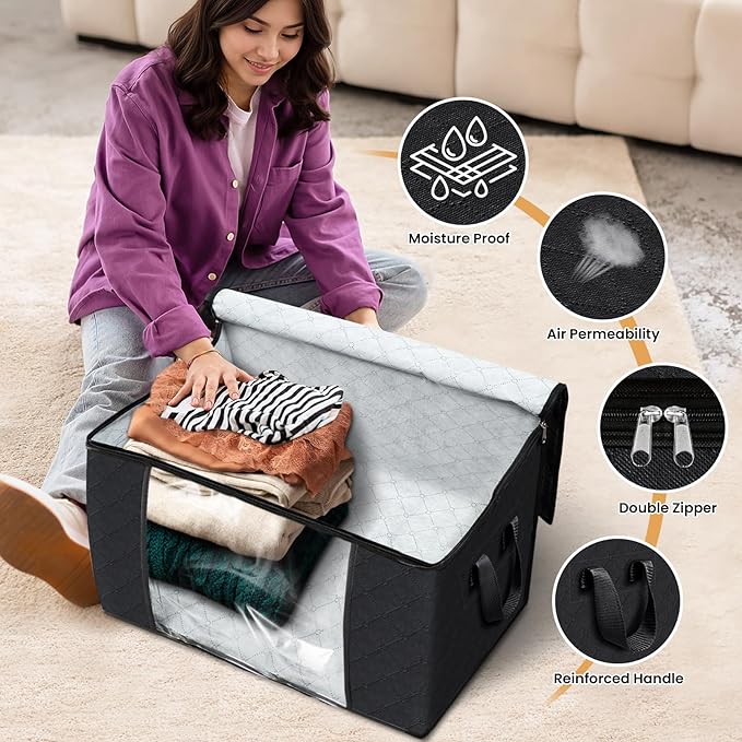 Fab totes 24 Gallons Clothes Storage, Foldable Thick Fabric Blanket Storage Bags, Containers for Organizing Bedroom, Closet, Clothing, Comforter, Organization with Handle (6 Pack,Black)