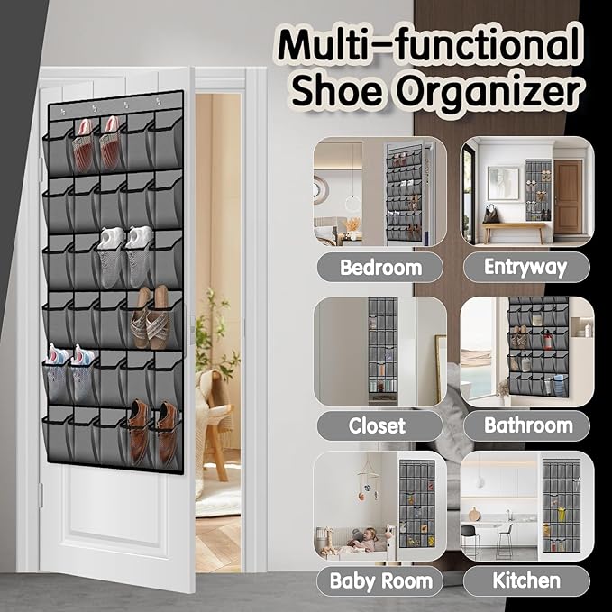 2PCS Over the Door Shoe Organizer with 30 Breathable Mesh Pockets - Large Capacity Closet Storage for Men & Women, Hanging Shoe Rack Organizer -Gray