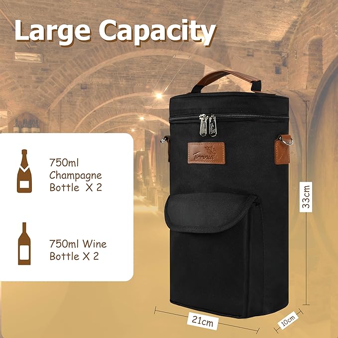 Tirrinia 2 Bottle Wine Gift Tote Carrier - Leakproof & Insulated with Large Pockets Wine Cooler Bag for Travel, Tasting, Party, Dinner