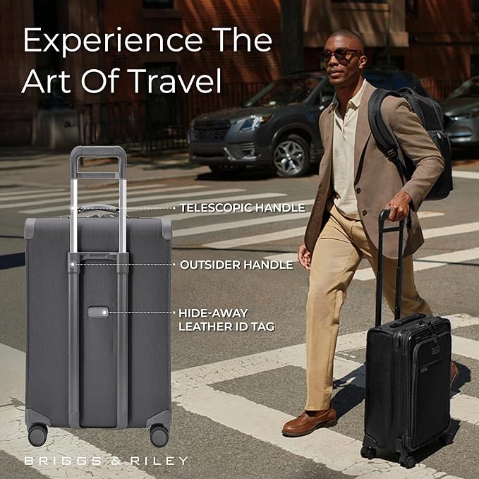 Briggs & Riley 26" Medium Expandable Spinner - Checked Luggage for Travel, Suitcases with Wheels, Softside Rolling Bag for Men & Women, Self-Repairing Zipper - Baseline Collection, Steel Gray