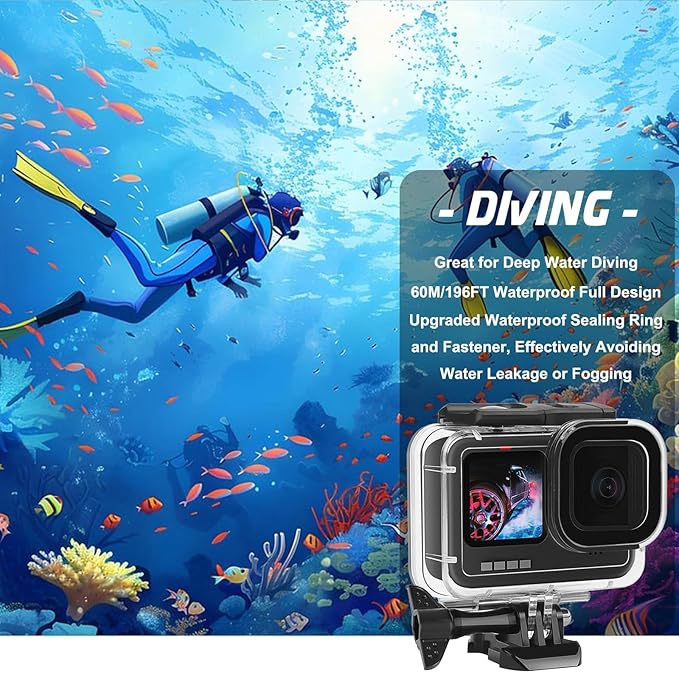 Compatible for Go Pro Hero 13 12 11 10 9 Black Waterproof Housing Case 60M/196FT Protective Underwater Diving Case Shell with Cameras Handle Mount Accessories Kit