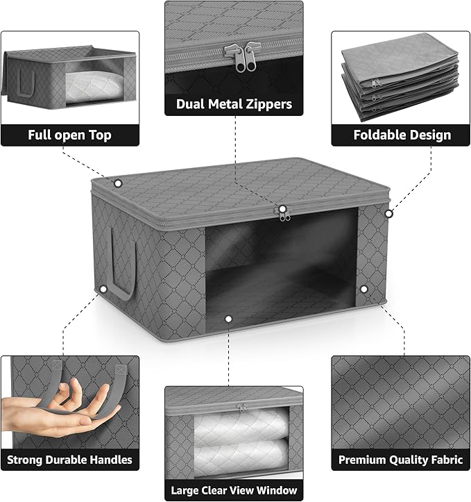 Sorbus Medium Clothes Storage Bags - Foldable Blanket Storage Bins for Organizing Bedroom, Closet, Clothing, Comforter, Organization with Clear Window, Lids and Carry Handles - Set of 3