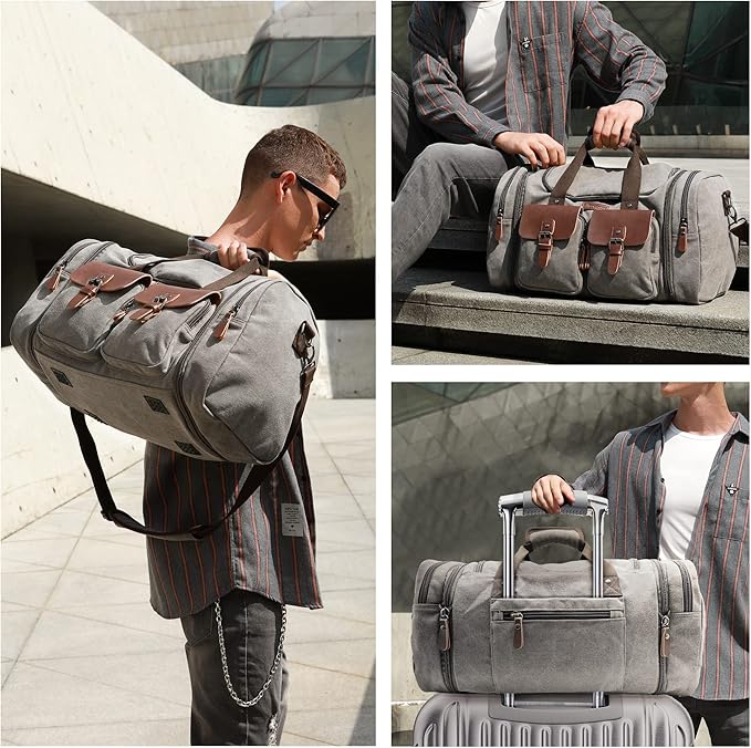 Wildroad 60L Travel Duffel Bag, Expandable Canvas Genuine Leather Duffle Bag Upgraded Overnight Weekender Bag Carry on Bag