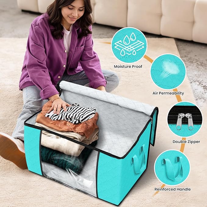 Fab totes 24 Gallons Clothes Storage, Foldable Thick Fabric Blanket Storage Bags, Containers for Organizing Bedroom, Closet, Clothing, Comforter, Organization with Handle (10 Pack,Green)