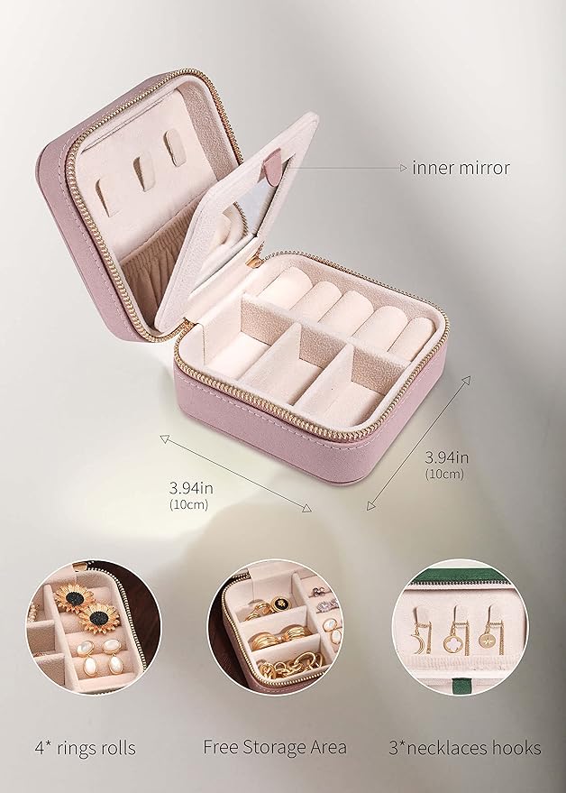 S.Leaf Travel Jewelry Organizer Travel Jewelry Boxes for Women Small Jewelry Travel Case Box Portable Travel Jewelry Case Travel Case Mini Jewelry (05_Suede_Touch_Dust_Pink)