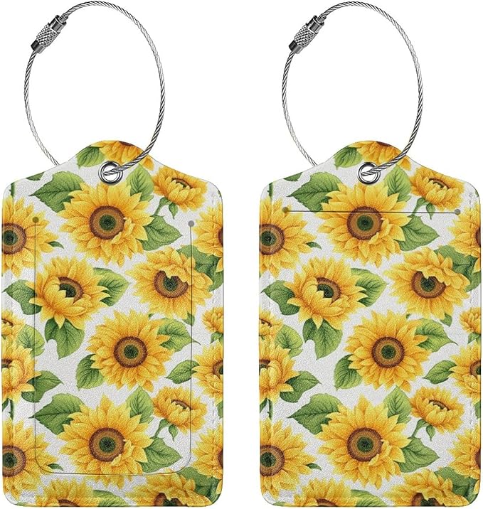 Lovely Sunflower Leather Luggage Tag with Stainless Steel Ring, Fun Name Id Card Cover Travel Bag Tag Set, Suitable for Travel Bag Luggage Women Men 4 PCS