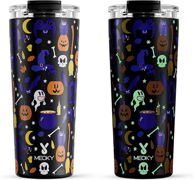 Meoky 24 oz Halloween Travel Coffee Mug with Leak-proof Lid, Glow in the Dark Stainless Steel Insulated Coffee Tumbler, Keeps Hot for 8 Hours, Fits in Car Cup Holder(Haunted Pumpkin)