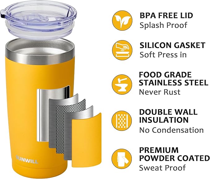 SUNWILL Travel Coffee Tumbler 20 oz, Insulated Mug with Lid, Stainless Steel Cup for Hot and Cold Drinks, Powder Coated Yellow