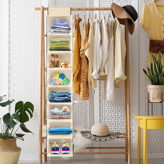 2 Pack Large-Sized Hanging Shoe Organizer 8-Shelf, Hanging Closet Organizer with 8 Side Pockets, Wider Hanging Shelves for Storage Shoes Clothes 9" W × 11.8" D× 48" H, Beige.