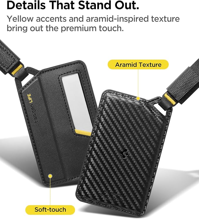 Spigen Life Luggage Tags Premium Velo Vegan Leather ID Label for Suitecase Travel Bag Accessories with Magnetic Closure Privacy Protection Design Durable Strap - Black (2 Pack)