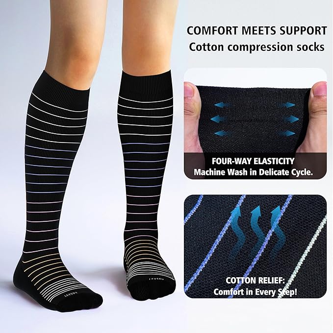 LEVSOX Thick Cotton Compression Socks for Women&Men 20-30mmHg Knee High Cute Support Sock for Nurses, Pregnancy, Travel
