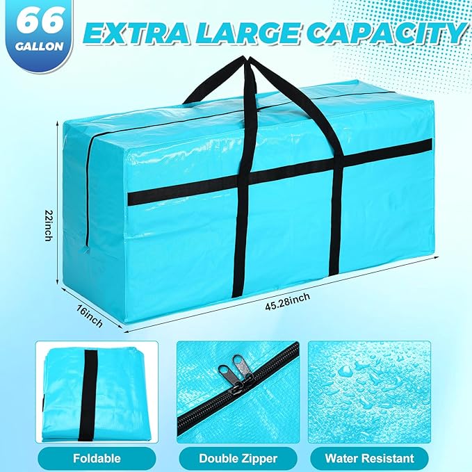 4 Pcs 66 Gallon Large Moving Bags with Zipper and Handles Foldable Storage Duffle Bags Heavy Duty Extra Large Totes for College Dorm Travel Clothes Blankets Bedding Moving(Lake Blue)