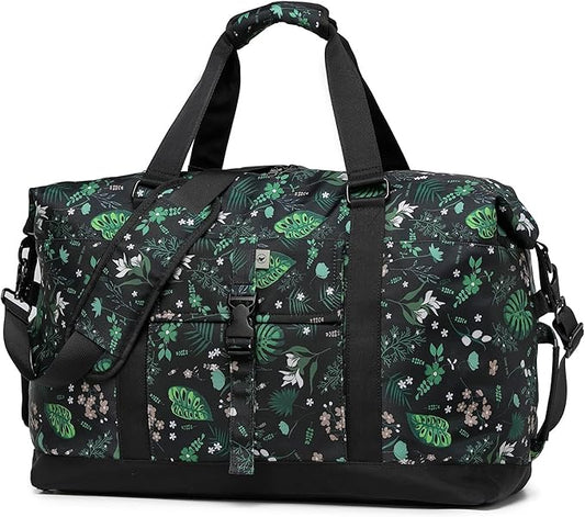 SUNNY BIRD Duffel with Utility Pouch, 40L Weekender Overnight Bag with Shoe Compartment for Travel and Sports (Floral & Foliage)