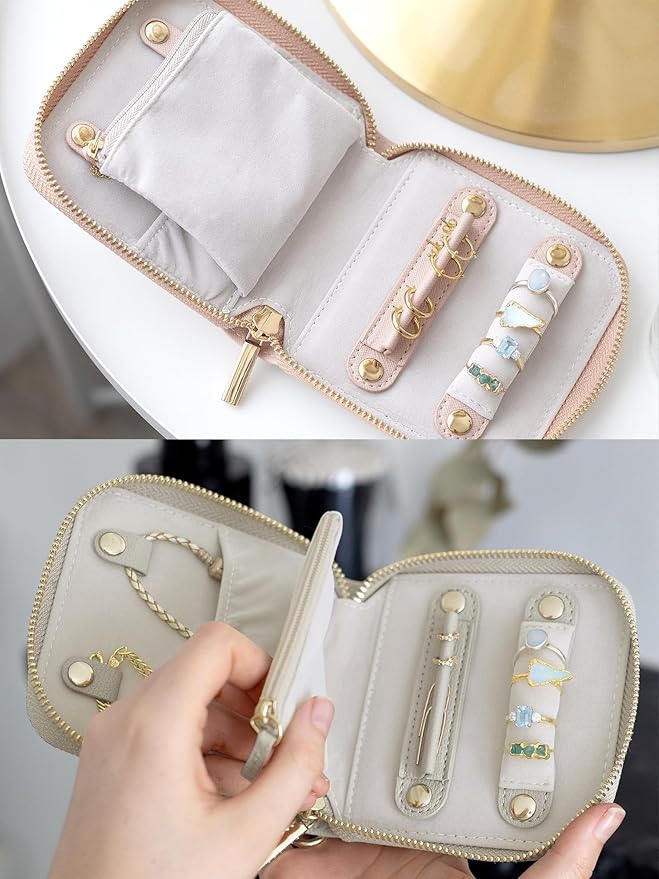 Travel Jewelry Organizer Case - for Tangle-Free Necklaces, Earrings, Rings, Bracelets Storage, Travel Essentials, Fashion Portable Jewelry Travel bags for Women - Small Macaron Pink