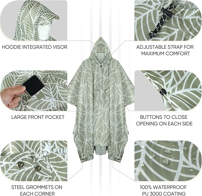 PTEROMY Hooded Rain Poncho for Adult with Pocket, Waterproof Lightweight Unisex Raincoat for Hiking Camping Emergency