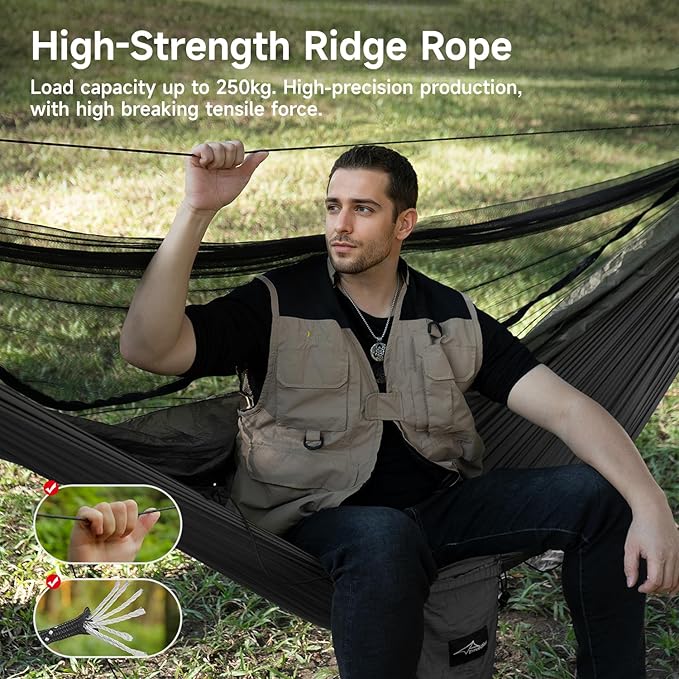 Camping Hammock with Mosquito Net and Ridge Rope, Extra Large for 2 Person, Lightweight Hanging Hammocks Tree Straps, All-in-one Fast Open Hammock for Outside, Hiking, and Travel