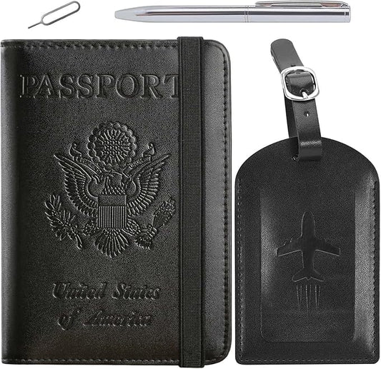 Passport Holder With Luggage Tag Travel Essentials Passport Cover Wallet RFID Blocking Leather Case International Must Haves Travel Accessories Women Men(115#Black)