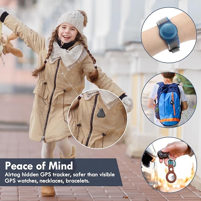 Airtag Holder for Kids Hidden 2 Pack Upgraded GPS Tracker Case, Anti-Removal Airtag Hard Case with Safety Pins, Avoid Airtag Loss, Suitable for Children, Elderly, Pets, Backpack, Luggage(Blue White)