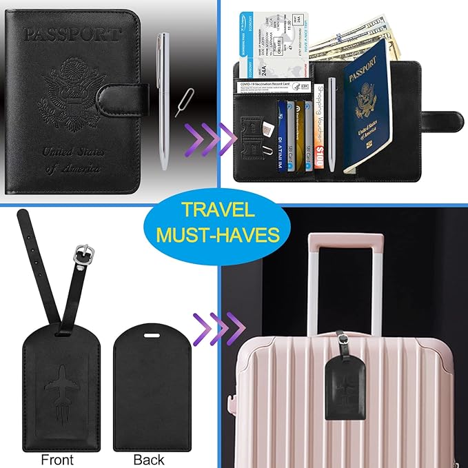Passport Holder With Luggage Tag Cover Wallet RFID Blocking Leather Case Travel Essentials Accessories Travel Must Have(114#Black)