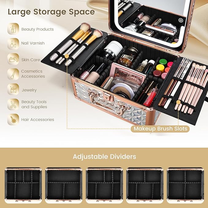 Makeup Train Case with Magnetic LED Mirror Makeup Organizer Box Travel Cosmetic Case with 3 Colors LED Mirror Portable Vanity Make up Suitcase with Lockable Keys Dividers Brush Holder, Silver