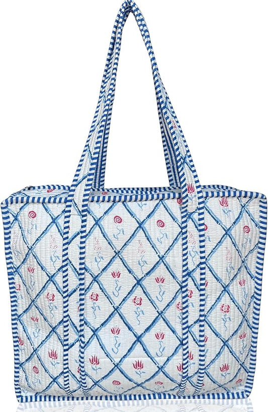 Cotton Quilted Tote Bag for Women – Large Beach & Travel Tote with Zipper, Reusable Grocery Bag