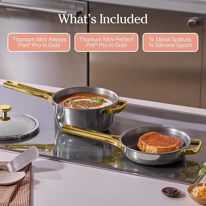 Our Place Titanium Pro Mini Cookware Duo – Always Pan & Perfect Pot with Nonstick No-Coating Technology | Tri-Ply Titanium & Stainless Steel | Safe for Oven, Induction & Cooktops up to 750°F | Gold