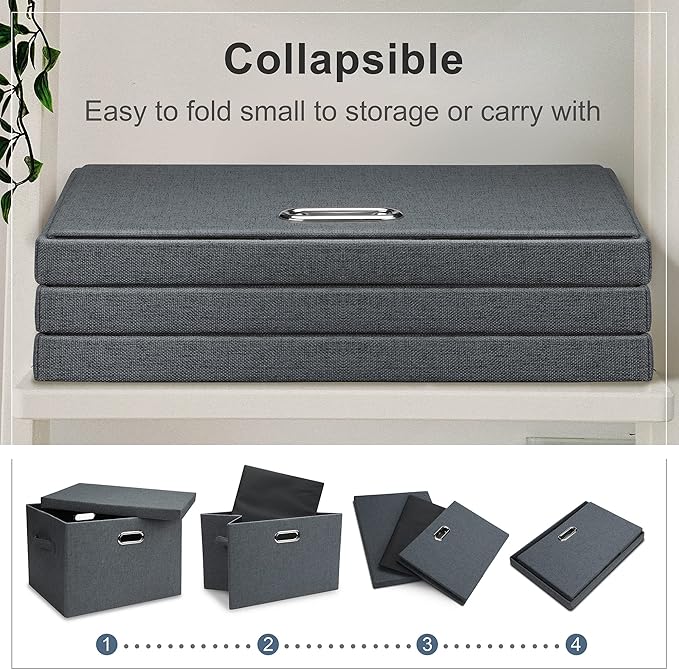 Large 17" 36 Quart Collapsible Stackable Storage Bins with Lids, 5 Packs Dark Gray Foldable Fabric Closet Storage Boxes with Lids Heavy-duty Linen Cube Baskets(17 x 12 x 11)