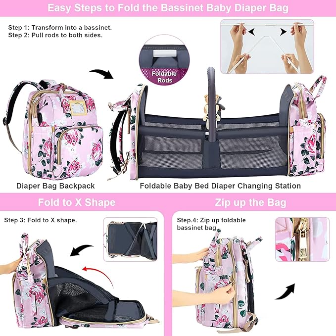 Diaper Bag Backpack with Changing Station, Foldable for Bady Toddler, 3 in 1 Large Capacity Newborn Essentials Organizer with Stroller Hook for Girls and Boys（Pink）