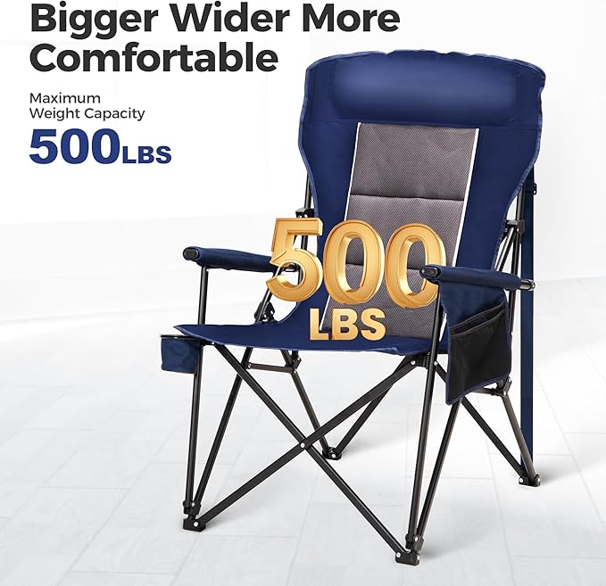 ALPHA CAMP Heavy Duty High Back Camping Chairs with Cup Holder Oversized Folding Chair Outdoor Chair with Headrest,Lawn with Side Pocket for Lawn, Sports and Fishing, 500lbs