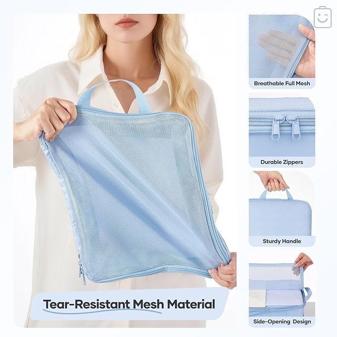 Veken 11 Set Compression Packing Cubes for Travel Essentials,Compressible Expandable Large Luggage Suitcase Organizer Bags for Clothing,Durable Space Saver Storage Bags with Toiletry Bags(Light Blue)