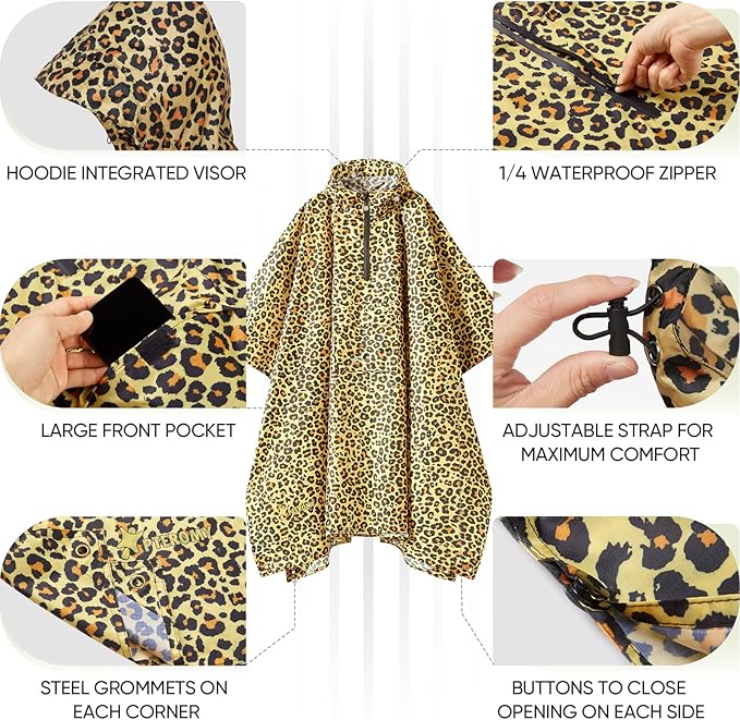 PTEROMY Hooded Rain Poncho for Adult with Pocket, Waterproof Lightweight Unisex Raincoat for Hiking Camping Emergency